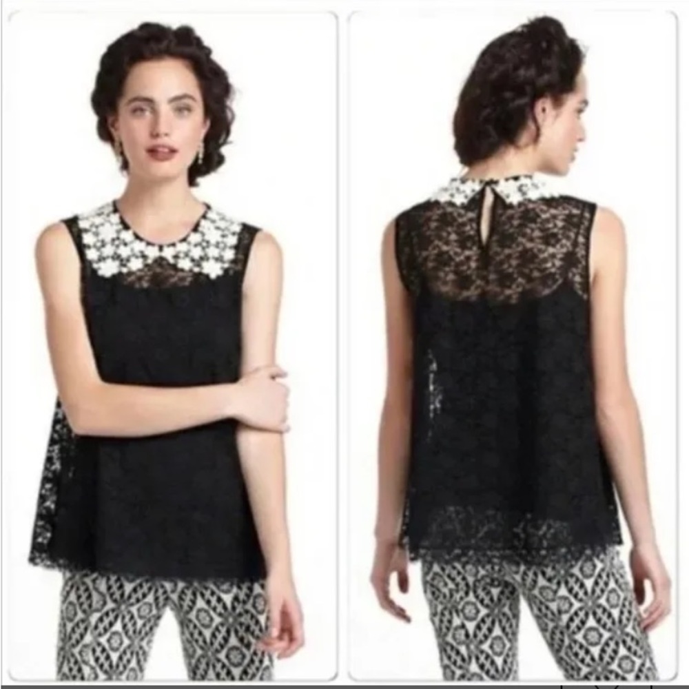 Anthropologie Eloise  Women's Black Lace Peter Pan Collar Sleeveless Top…